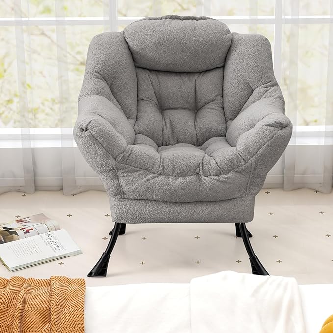 Giantex Lazy Chair, Modern Sherpa Accent Chair w/Steel Frame, Upholstered Single Sofa Chair w/Armrests & Side Pocket, Leisure Reading Lounge Chair for Living Room, Bedroom, Office, Dorm (Gray)