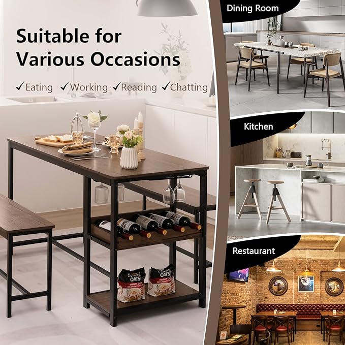 Giantex Dining Table Set for 4, 3-Piece 55" L Kitchen Table Set w/ 2 Benches, Breakfast Table w/ 5-Bottle Wine Rack & Glass Holder, Space-Saving Dinette Set for Dining Room, Kitchen, Apartment