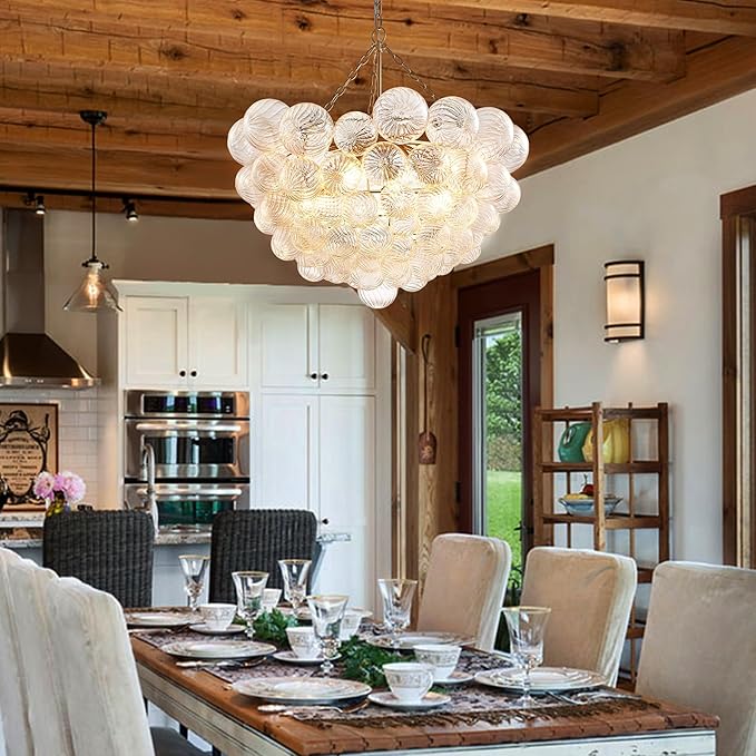 Longree Nordic Bubble Ball Swirled Glass Chandelier, Diam 31" Gild Gold and Clear Modern Hand Blown Glass Pendant Light Fixture for Dining Room, Bedroom, Study, Restaurant, Hallway