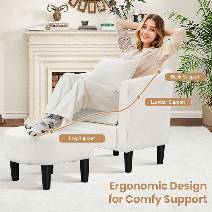 KOMFOTT Accent Chair with Ottoman, Upholstered Teddy Velvet Barrel Chair with Footrest, Comfy Club Sofa with Curved Backrest, Thick Seat Cushion, Modern Arm Chair for Living Room, Bedroom, Beige