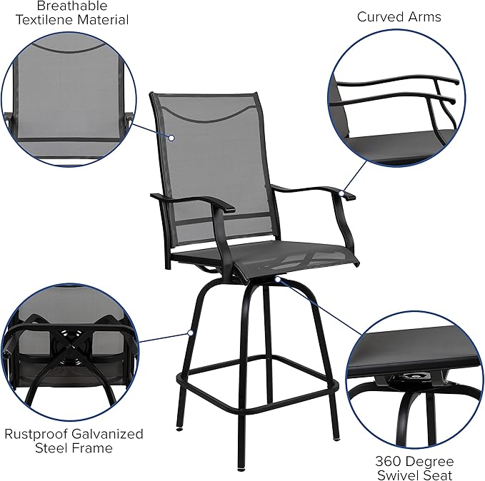 Flash Furniture Valerie All-Weather Swivel Patio Barstools with Footrest and Armrests, Modern Sling Outdoor Bar Height Stools, Set of 2, Gray