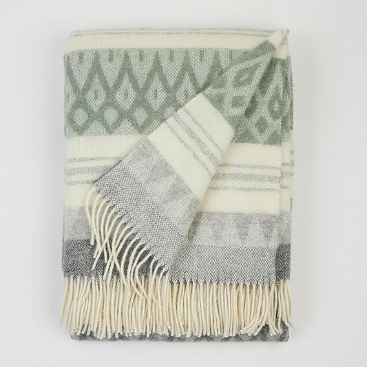 New Zealand Virgin Wool Throw Blanket, Indoor & Outdoor Blankets and Throws, Soft Blanket with Fringes, 55 x 79 in (140 x 200 cm), Green Gray Beige