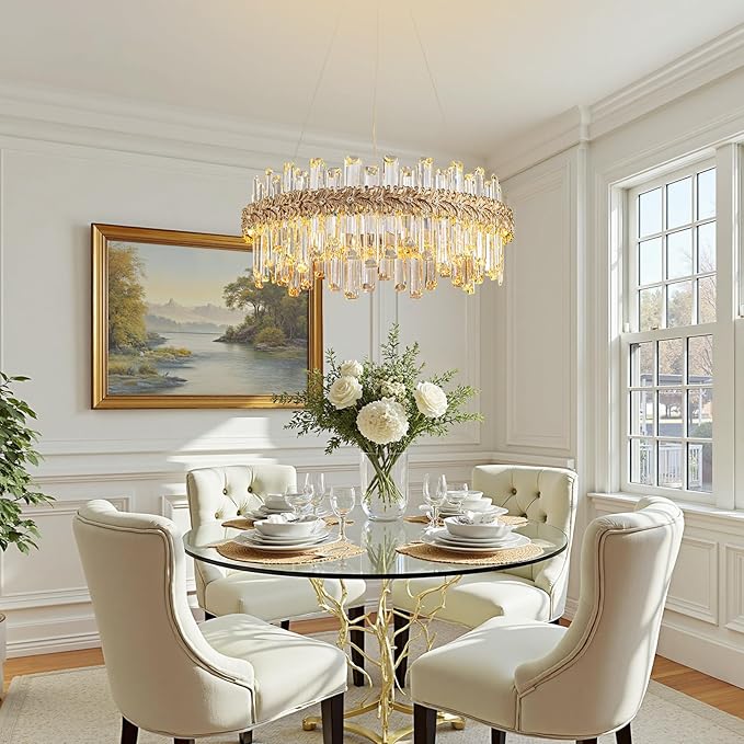 Gold Crystal Chandeliers for Dining Room,24" Luxury K9 Raindrop Crystal Chandelier,Adjustable Brushed LED Pendant Ceiling Light Fixture with Leaf-Edge for Dining Living Room Foyer Entryway