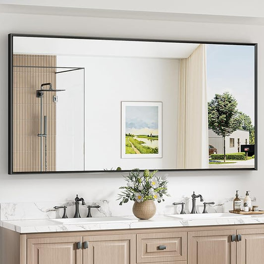 Keonjinn 72 x 36 Inch Black Bathroom Mirrors for Over Sink, Beveled Rectangle Framed Mirrors for Wall, Large Black Bathroom Vanity Mirror, Tempered Glass, Square Corner