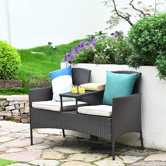 Tangkula Outdoor Rattan Loveseat with Built-in Coffee Table, 2-Person Patio Conversation Set with Cushions & Table, Modern Patented Wicker Sofa Set, Wicker Sofa for Garden Lawn Backyard, Beige