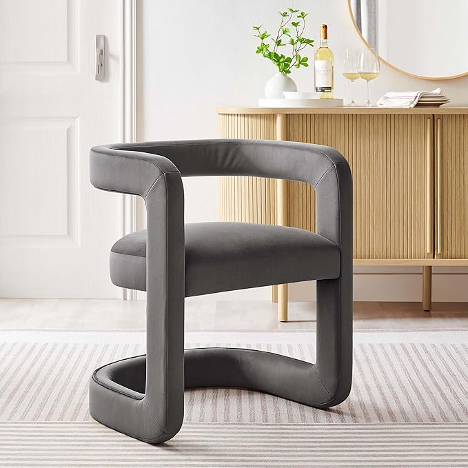 Modway Winslow Stain-Resistant Performance Velvet Dining Chair in Storm Gray - Open Back Barrel Armchair - Upholstered Dining Chair - Cozy Reading Chair or Velvet Vanity Chair