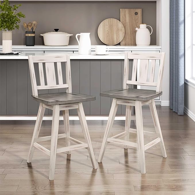 Lexicon Counter Height Stools Set of 2-Solid Wood Frame 360° Swivel Wooden Stools, Foot Rest, Slat Back, Wide Seat, Distressed Farmhouse Easy to Clean Finish, 24" SH, Antique White/Grey