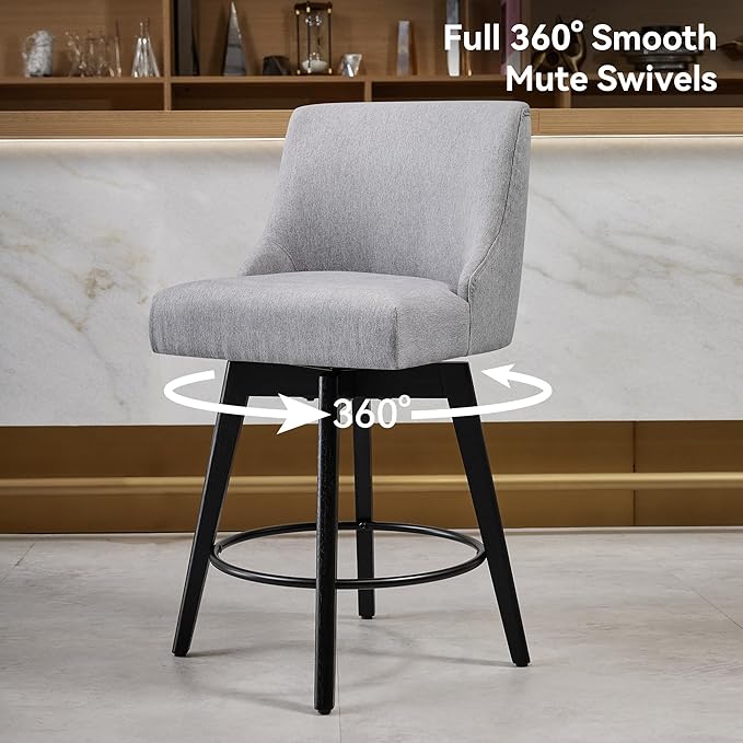 Vipbear Counter Height Bar Stools Set of 4, 26" H Swivel Bar Stools with Backs, Linen Fabric Upholstered Bar Chairs with Solid Wood Legs for Kitchen Island, Dining Room, Home Bar, Light Grey