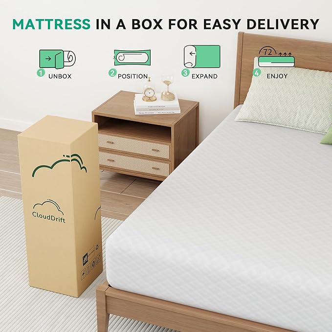 CloudDrift Twin Mattress, 6 Inch Memory Foam Mattress in a Box, Fiberglass Free, Relieve Pressure with Medium Firm Support, Motion Isolation, CertiPUR-US Certified Colchón in a Box