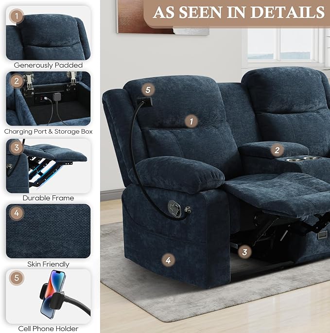 Loveseat Recliner Sofa, Manual Recliner Loveseat with Console, Modern Chenille Sofa Sleeper Deep Couches with Cell Phone Holder and Hidden Socket for Living Room/Office/Apartment (Blue) | Cup Holder, Side pocket