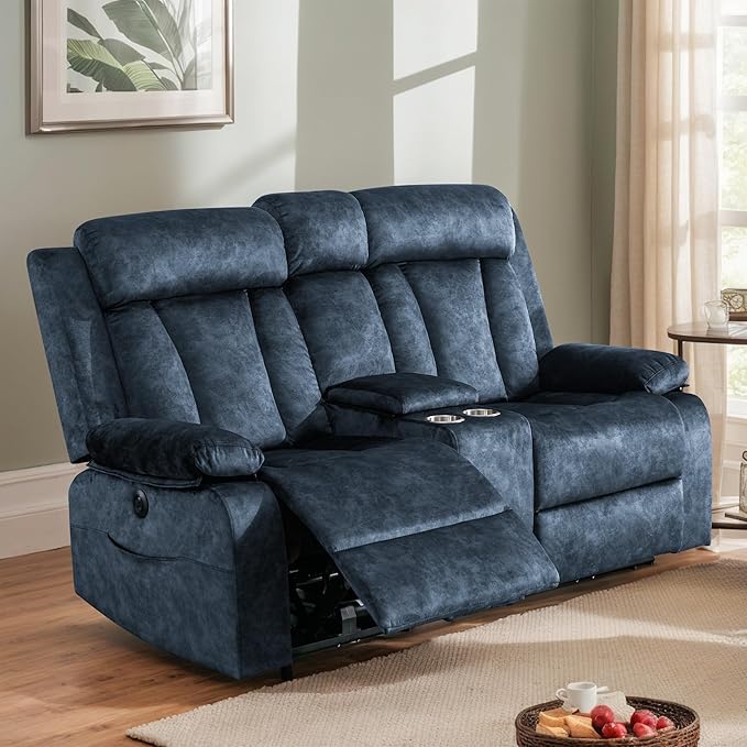 Power Reclining Loveseat with Heat & Massage, Dual Recliner Sofa with Console, Cup Holders, USB & Type-C Ports, 2 Seater Electric Reclining Couch for Living Room, RV (Blue, 2 Seat)