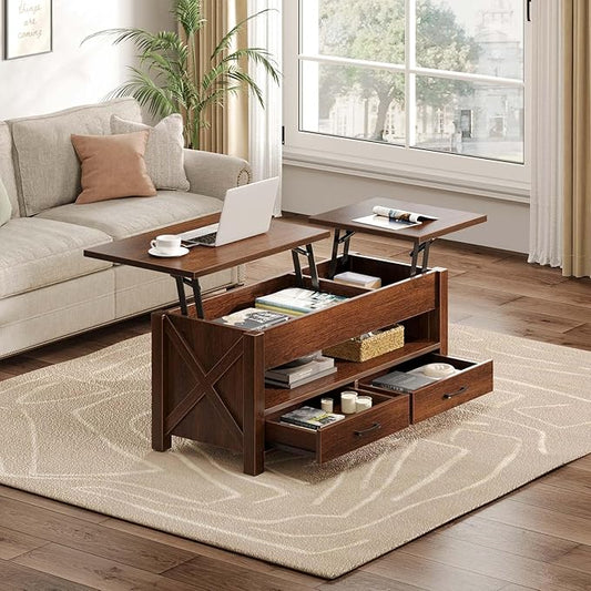 Seventable Coffee Table, 39.3" Lift Top Coffee Table with 2 Storage Drawers and Hidden Compartment, Farmhouse Center Table with Wooden Lift Tabletop, for Living Room,Espresso