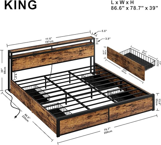 LIKIMIO King Size Bed Frame with 4 Storage Drawers, 2-Tier Storage Headboard with Charging Station, Double Bed Frame King Size for Bedroom, No Box Spring Needed, Easy Assembly, Vintage Brown