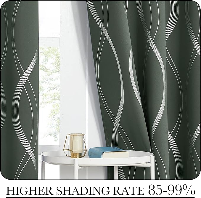 NICETOWN Blackout Curtains 84 inch Length 2 Panels Set, Dark Mallard, 52" x 84", Noise Reducing Thermal Insulated Wave Line Foil Print Design Blackout Curtains for Hall Closet Villa Door