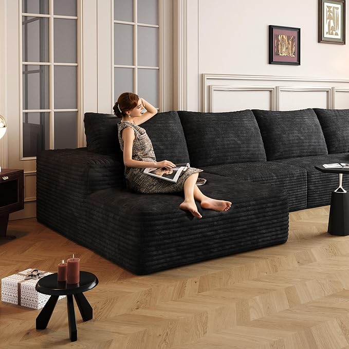 135" Corduroy Couch Sectional with Chaise, L Shape Boneless Cloud Couches for Living Room Bedroom, Modular Corner Couch, Fluffy Deep Seat Compression Sofa, Left Facing Chaise, No Assembly, Black