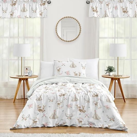 Sweet Jojo Designs 2-Piece Twin Comforter Set (Woodland Deer Floral) for Girls, Children, Kids Bedding, Bed in a Bag incl. Blanket & Pillow Sham (Boho, Watercolor, Bohemian, Shabby Chic, Pink & Green)