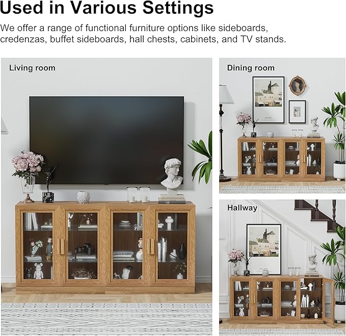 Casaphoria Adam Sideboard Buffet Cabinet with Storage, Display Cabinet with Glass Doors & Adjustable Shelves, 62" W x 31" H Buffet Cabinet for Entryway Kitchen Living Room, Oak