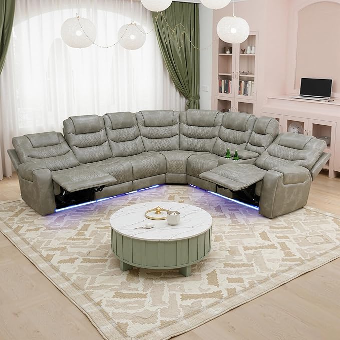 Power Recliner Sectional Sofa with LED Light, Breathing Leather Recliner Sofa Couch with Storage/Cup Holder for Living Room Home Office Theater (Grey-1)