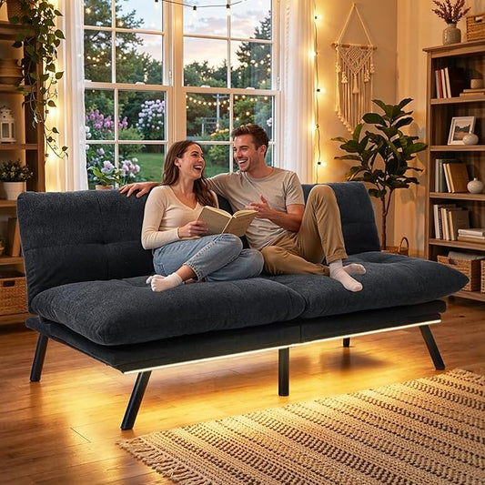 YITAHOME Convertible Futon Sofa Bed with Adjustable 3 Color Light Strip, 70" Folding Futon Set for Living Room Home Office Aprtment, Modern Futon Couch with Adjustable Backrest & Armrests, Black
