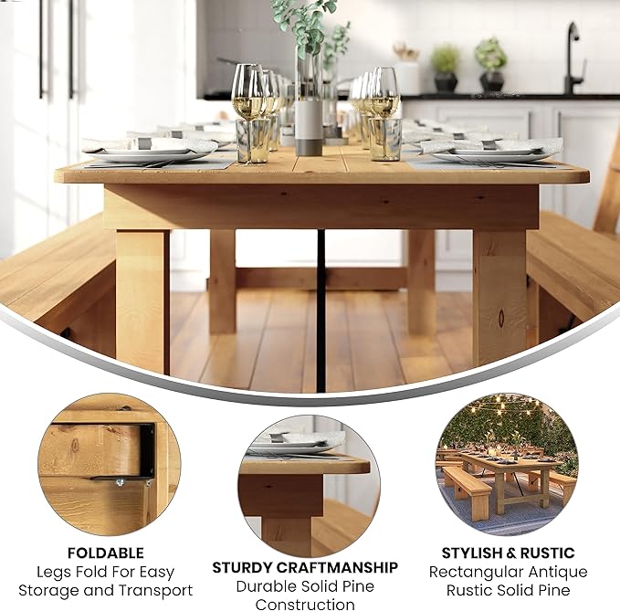 Flash Furniture Hercules Commercial Grade Farmhouse Dining Table | Solid Pine Foldable Table for 10 in Antique Rustic Light Natural | Rustic Charm for Home and Events