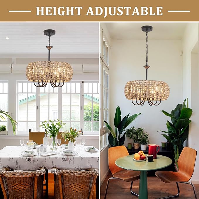 18'' Hand Woven Rattan Chandelier, 6-Light Rattan Pendant Light Farmhouse Chandeliers for Dining Room Light Fixture, Rustic Chandelier Wicker Hanging Pendant Lighting for Bedroom Living Room Foyer