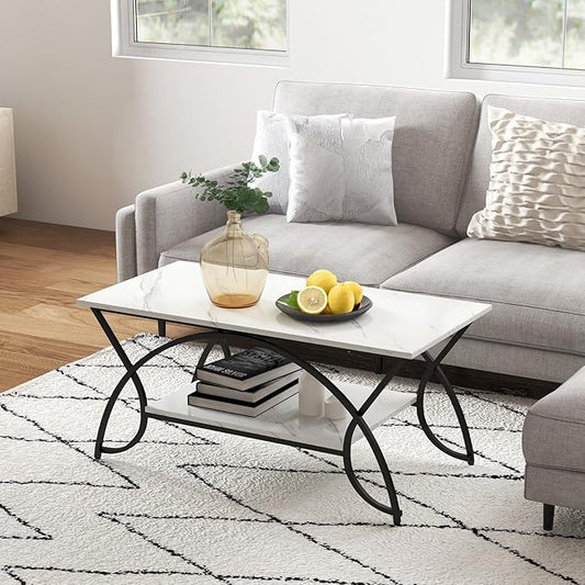 COSTWAY 2-Tier Coffee Table, Modern Faux Marble Accent Table with Storage and Black Finished Metal Frame, Chic Rectangular End Table for Living Room Office Lounge (White+Black)