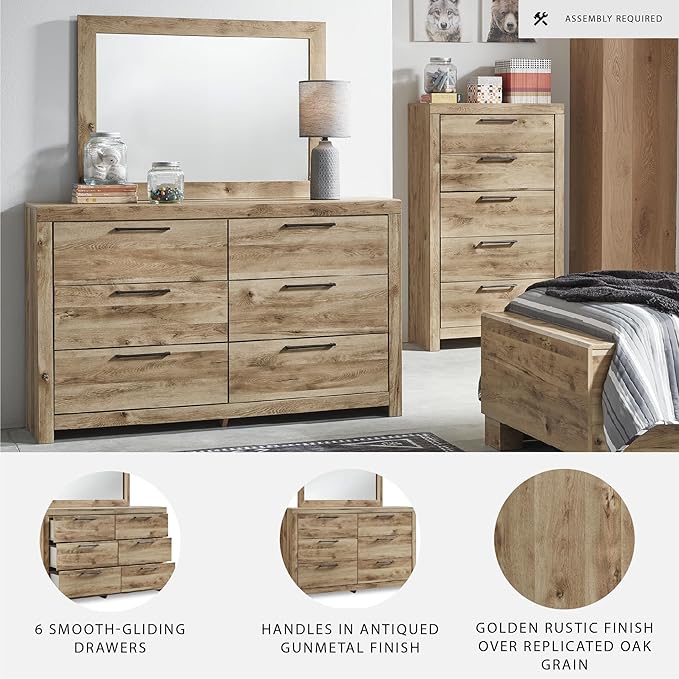 Signature Design by Ashley Hyanna Rustic Smooth-Gliding 6-Drawer Dresser and Mirror with Safety Stop, Light Brown