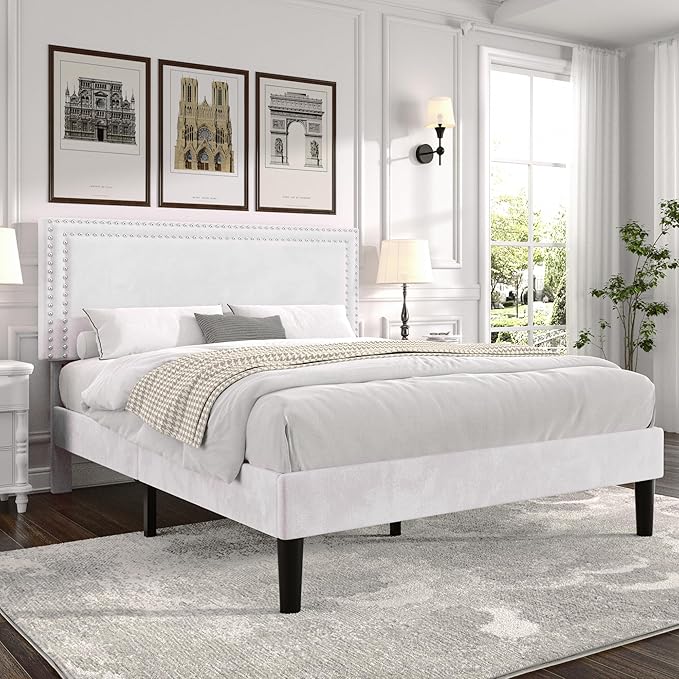 VECELO Full Bed Frame with Adjustable Upholstered Headboard, Wooden Slats Platform, Noise-Free Design, Easy Assembly