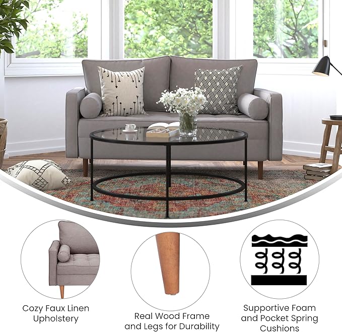 Taylor & Logan Hendrix Tufted Faux Linen Upholstered Mid-Century Modern Loveseat with Solid Wood Legs in Slate Gray