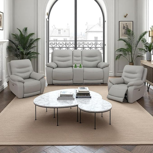 Power Reclining Loveseat with 2 Chairs, Genuine Leather Recliner Couch Set, Light Grey Leather Recliners Set, 3 Pieces Living Room Furniture with Cup Holders/Storage/USB Port
