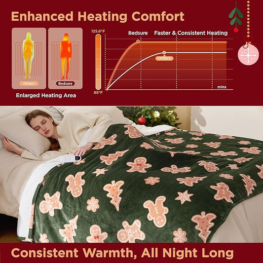 Bedsure Electric Blanket Twin - Soft Flannel Sherpa Heated Blanket with Gingerbread Pattern, for Grandma, Heating with 6 Heating Levels, 10 Time Settings, and 8-Hour Auto-Off (62"x84")