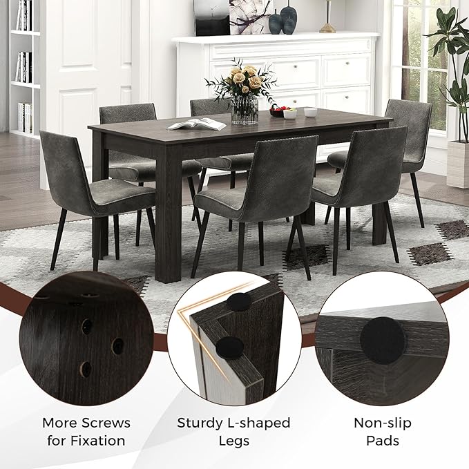 Moccha Wood Dining Table for 4-6 People, 63" Rectangle, Modern L-Shaped Legs, 330lbs Capacity, Farmhouse Dinette Table for Dining/Living Room, Grey