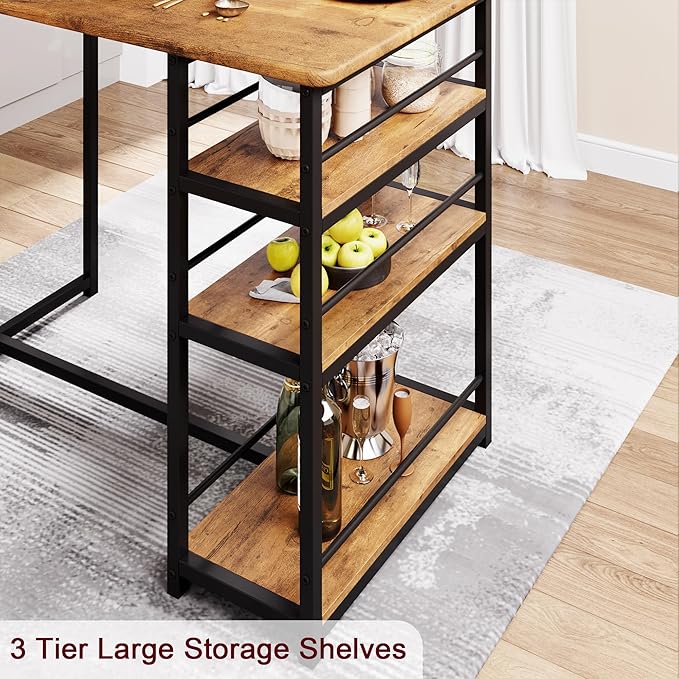 Amyove Dining Table Set for 2, Bar Table and Chairs for 2, Kitchen Table Set with 2 Upholstered Chairs, 3 Large Storage Shelves, Pub Table Set for Small Space, Apartment, Breakfast, Rustic Brown