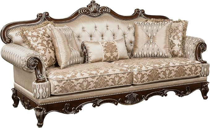 Lexicon Traditional Sofa Couch for Living Room, Rolled Arm Sofa with 5 Accent Pillows, Tufting, Queen Legs in Cherry Finish with Gold Tipping, Upholstered Living Room Furniture, 3 Seater Couch, Brown