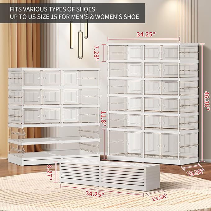 6-Tier Foldable Shoe Rack for Closet Entryway 12-24Pairs,Stackable Clear Shoe Storage Boxes Organizer with Door Plastic Shoe Cabinet Bins with Lids Shoes Shelf Easy Assembly Large White