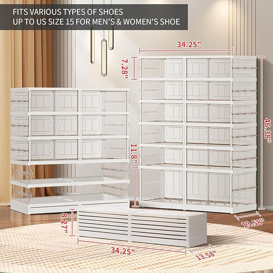 6-Tier Foldable Shoe Rack for Closet Entryway 12-24Pairs,Stackable Clear Shoe Storage Boxes Organizer with Door Plastic Shoe Cabinet Bins with Lids Shoes Shelf Easy Assembly Large White