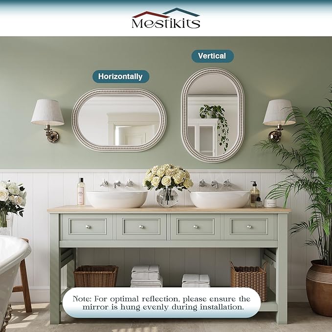 Boho Oval Wall Mirror, 24" x 36" Farmhouse Antique Bathroom Oval Mirrors Over Sink, Wooden Rustic with Beaded for Bedroom, Dining Room, Hallway, Living Room, Vertical or Horizontal Hanging