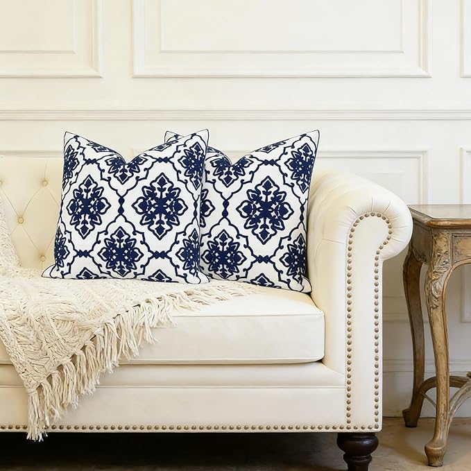 Slow Cow Pack of 2 Canvas Embroidery Decorative Cushion Covers Navy Blue Bohemian Flower Throw Pillow Covers 18 x18 inches