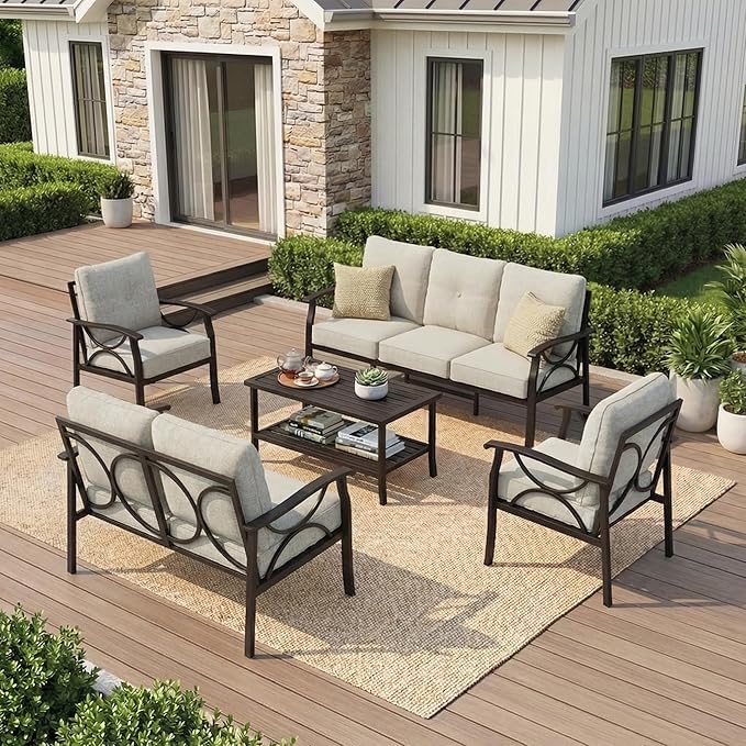 RoyalCraft Outdoor Patio Furniture Set, 7 Seats Outdoor Patio Set with 4" Thick Cushion, All-Weather Metal Patio Sofa with Coffee Table, Outdoor Sectional Furniture for Backyard Porch, Khaki&Beige