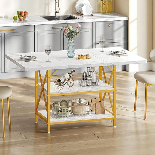 DWVO Dining Room Table 47 Inch Rectangle Dining Table for 4 People Modern Kitchen Table White Marble Dinner Table with Storage Shelf and Glod Metal Legs for Home Apartment White and Gold