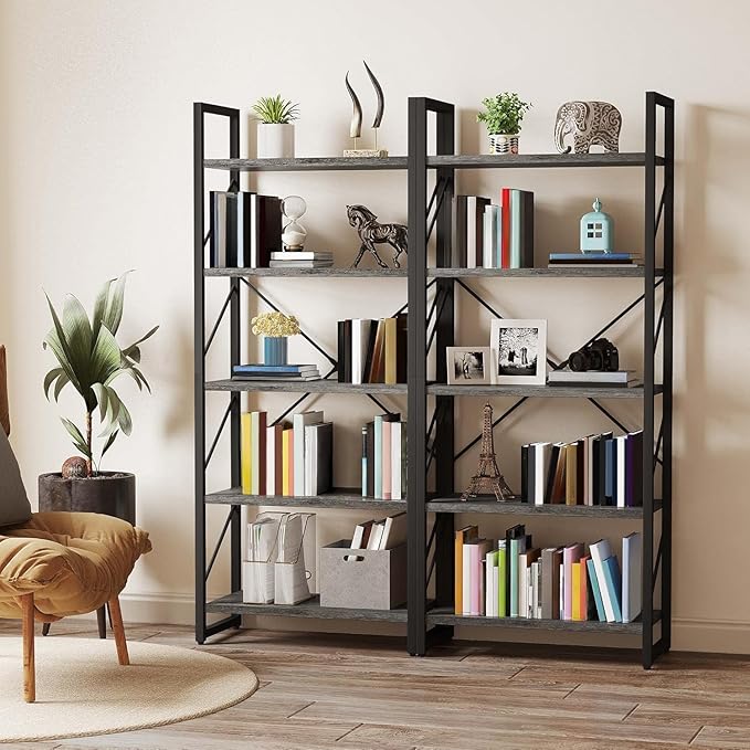 YITAHOME 5 Tiers Bookshelf, Industrial Artsy Grey Bookcase Bookshelves, Book Rack, Storage Rack Shelves Books Holder Organizer for Books Movies in Living Room Home Office, Black & Gray