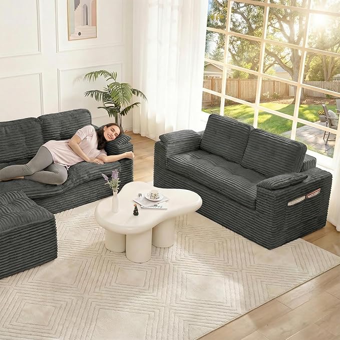Loveseat Sofa, Boneless Cloud Couch for Living Room 2 Seater Modern Lounge Sleeper Couch with Removable Cover Corduroy Sofa with Armrest, Seat Cushion & Pillows for Small Spaces, Dark Grey
