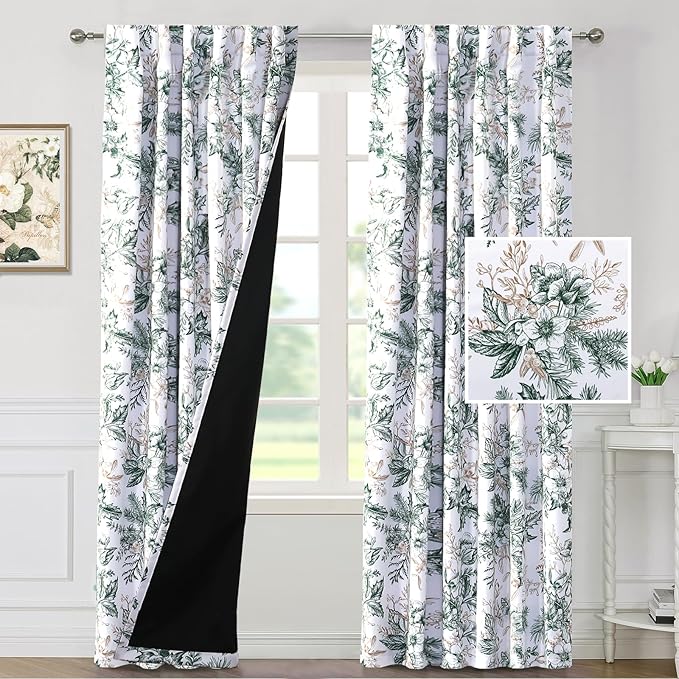 H.VERSAILTEX 100% Blackout Curtains for Bedroom Light Blocking Curtains 84 Inch Length 2 Panels Set Back Tab/Rod Pocket Drapes for Living Room Vintage Floral Pattern Window Treatments, Moss and Wheat
