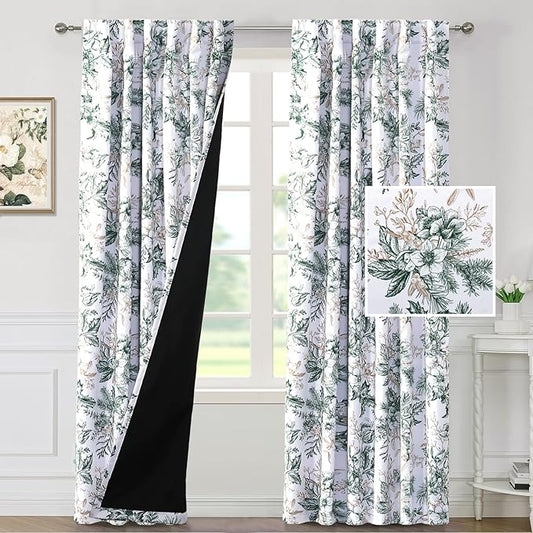 H.VERSAILTEX 100% Blackout Curtains for Bedroom Light Blocking Curtains 84 Inch Length 2 Panels Set Back Tab/Rod Pocket Drapes for Living Room Vintage Floral Pattern Window Treatments, Moss and Wheat