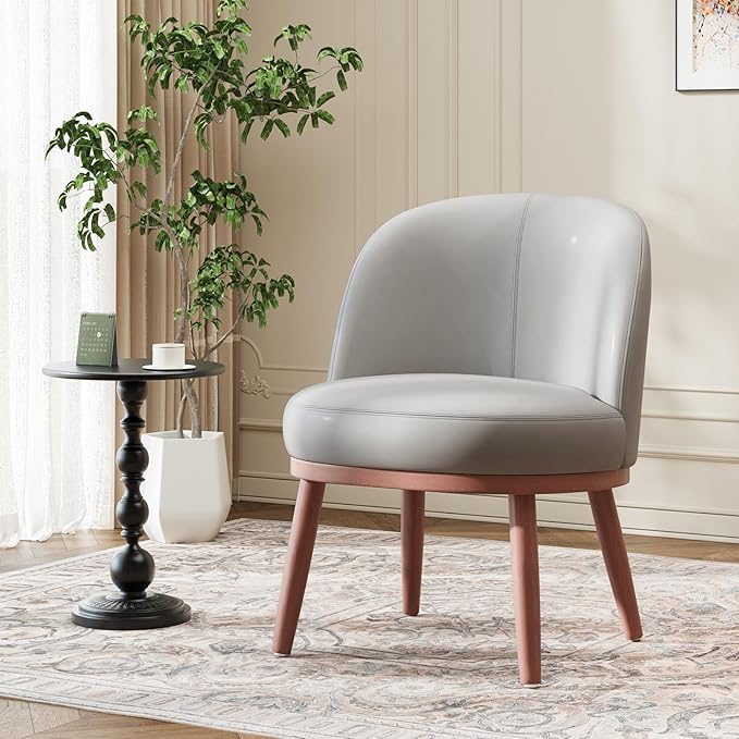 Accent Chair Set of 1, PU Leather Mid-Century Modern Chair for Small Space, Comfy Upholstered Armless Chair, for Living Room, Bedroom, Light Gray