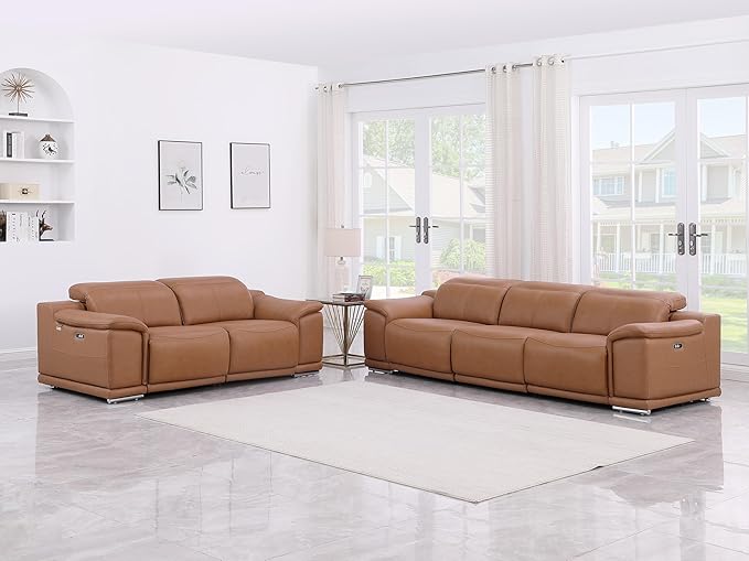 Blackjack Furniture Venice Top Grain Italian Leather Recliner 5 Seater 4 Power Reclining Seater 2 Piece Sofa Set with Adjustable Headrests Modern Seating Sofa and Loveseat for Living Room , Cognac