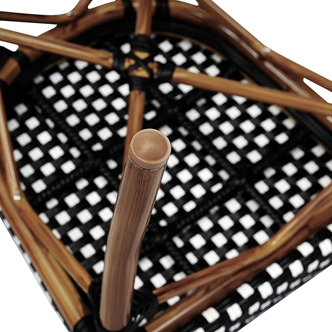Flash Furniture Lourdes Indoor/Outdoor Commercial Thonet Bistro Stack Chair - Black/White PE Rattan Back and Seat - Natural Bamboo Print Metal Frame