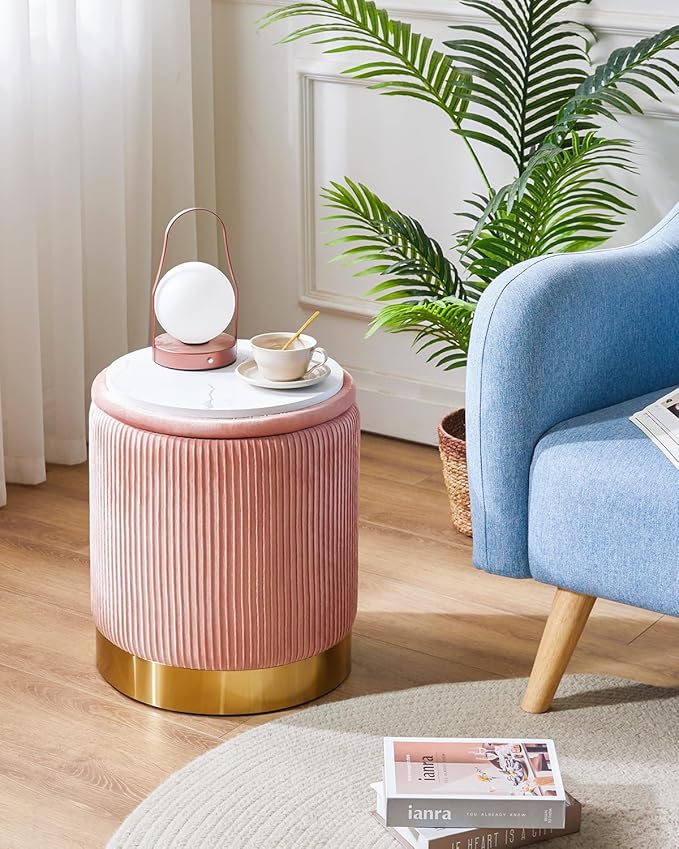 IBUYKE Round Storage Ottoman Set of 2 Ottoman for Dorm Vanity Stool with Storage Velvet FootStools End Table Boucle Ottoman for Home Organization Pink UWBD016P