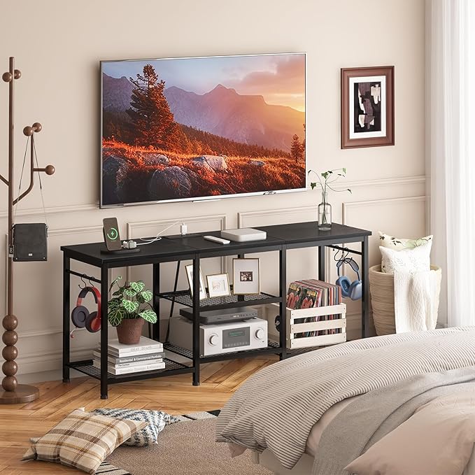 YGEOMER Entertainment Center for Up to 55 Inch TVs, TV Stand with Power Outlet and Open Storage Shelves, TV Media Console Table for Living Room and Bedroom, Black