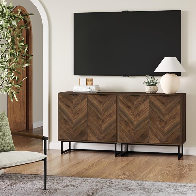 Nathan James Enloe Modern Sideboard Buffet Storage Accent Cabinet TV Stand with Doors in Rustic Walnut Finish and Black Matte Metal Base for Hallway, Kitchen or Living Room, Walnut/Black, Set of 2